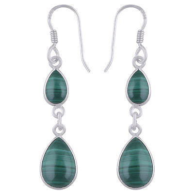 Alluring Two Stone Gemstone Malachite Pear Shape 925 Sterling Solid Silver Dangle Earrings - R1500729-213
