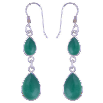 Alluring Two Stone Gemstone Green Onyx Pear Shape 925 Sterling Solid Silver Dangle Earrings - R1500729-443