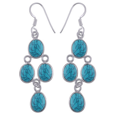 Alluring Chandelier Gemstone Studded Turquoise Oval Shape 925 Sterling Solid Silver Earrings - R1500733-118