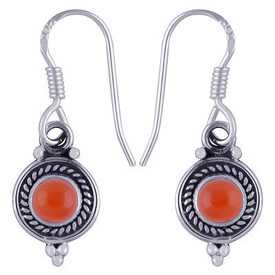 Beautiful Textured Wire Around Carnelian Round Shape 925 Sterling Solid Silver Dangle Earrings - R1500743-203