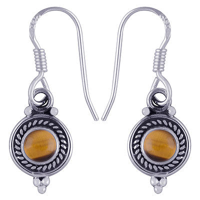 Beautiful Textured Wire Around Tiger's Eye Round Shape 925 Sterling Solid Silver Dangle Earrings - R1500743-205