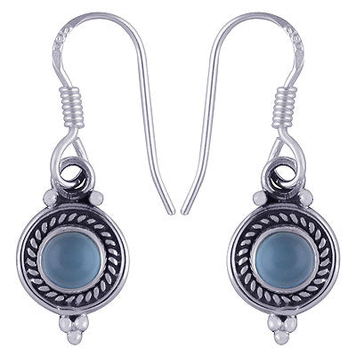 Beautiful Textured Wire Around Blue Chalcedony Round Shape 925 Sterling Solid Silver Dangle Earrings - R1500743-206