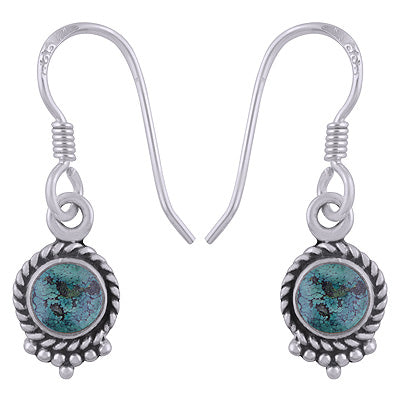 Stunning Textured Wire & Rawa Work Around Turquoise Round Shape 925 Sterling Solid Silver Dangle Earrings - R1500744-4