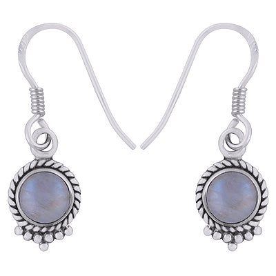 Stunning Textured Wire & Rawa Work Around Rainbow Moonstone Round Shape 925 Sterling Solid Silver Dangle Earrings - R1500744-5