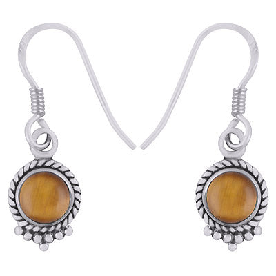 Stunning Textured Wire & Rawa Work Around Tiger's Eye Round Shape 925 Sterling Solid Silver Dangle Earrings - R1500744-60