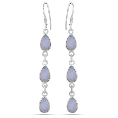 Dangling Bezel Rainbow Moonstone Pear Shape 925 Sterling Solid Silver Dangle Earrings - R1500746-203