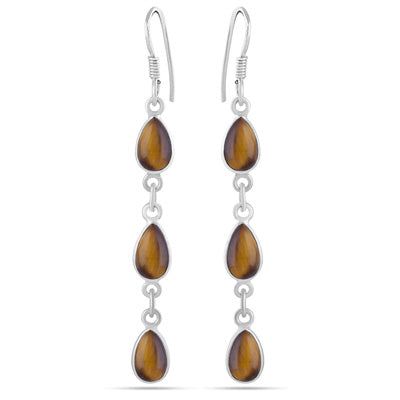 Dangling Bezel Tiger's Eye Pear Shape 925 Sterling Solid Silver Dangle Earrings - R1500746-304