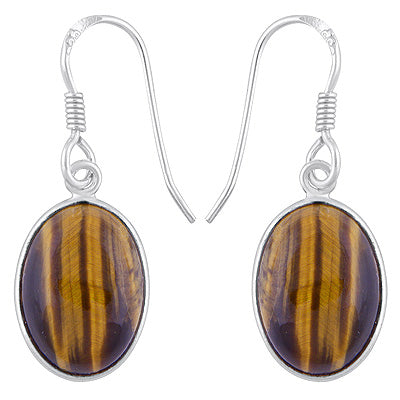 Alluring Plain Bezel Tiger's Eye Oval Shape 925 Sterling Solid Silver Dangle Earrings - R1500803-197
