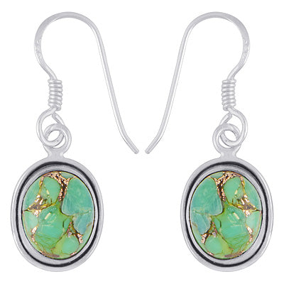 Beautiful Plain Setted Green Copper Turquoise Oval Shape 925 Sterling Solid Silver Earrings - R1500881-1