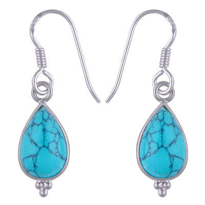 Gorgeous With Rawa Bezel Turquoise Pear Shape 925 Sterling Solid Silver Dangle Earrings - R1500933-158