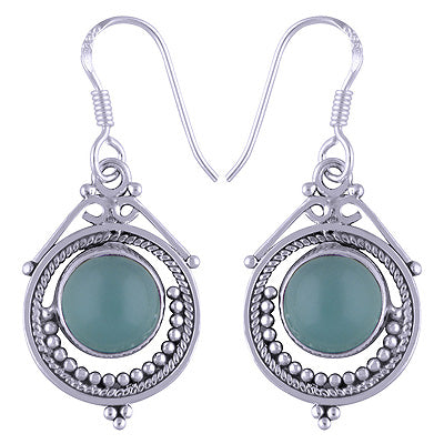 Beautiful Rawa & Wire Work Around Aqua Chalcedony Round Shape 925 Sterling Solid Silver Dangle Earrings - R1500987-116