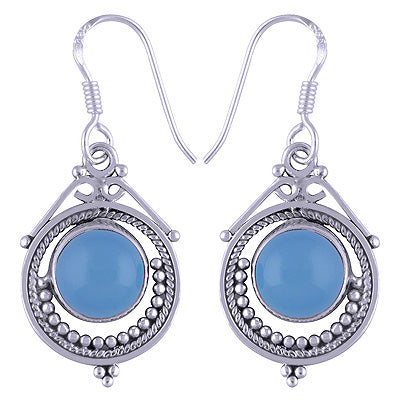 Beautiful Rawa & Wire Work Around Blue Chalcedony Round Shape 925 Sterling Solid Silver Dangle Earrings - R1500987-117