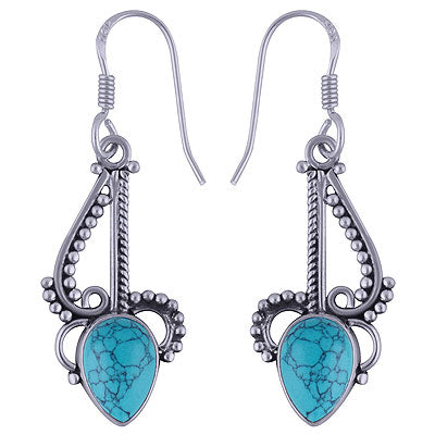 Gorgeous Handcrafted Rawa & Wire Work Around Turquoise Pear Shape 925 Sterling Solid Silver Dangle Earrings - R1500991-7