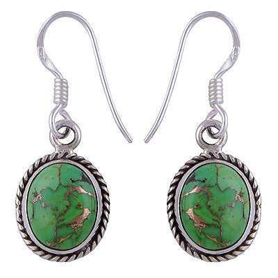 Alluring Twisted Wire Work Around Green Copper Turquoise Oval Shape 925 Sterling Solid Silver Earrings - R1501056-1
