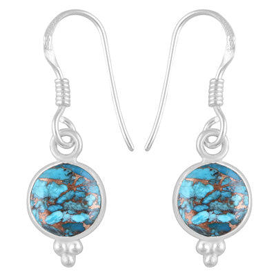 Gorgeous With Rawa Bezel Blue Copper Turquoise Round Shape 925 Sterling Solid Silver Dangle Earrings - R1501058-29