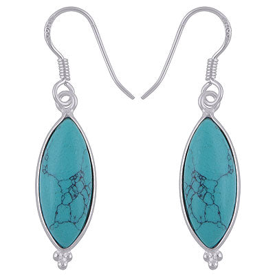 Elegant Rawa Elongated Bezel Turquoise Marquise Shape 925 Sterling Solid Silver Dangle Earrings - R1501069-2