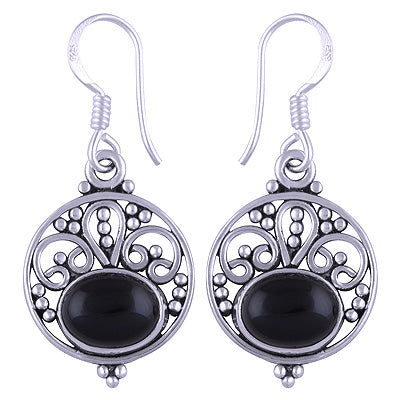 Stunning Rawa And Wire Work Around Black Onyx Oval Shape 925 Sterling Solid Silver Earrings - R1501109-24