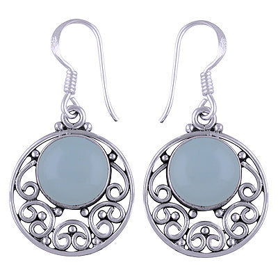 Stunning Rawa & Wire Work Around Aqua Chalcedony Round Shape 925 Sterling Solid Silver Dangle Earrings - R1501111-30