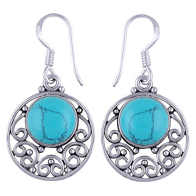 Stunning Rawa & Wire Work Around Turquoise Round Shape 925 Sterling Solid Silver Dangle Earrings - R1501111-5