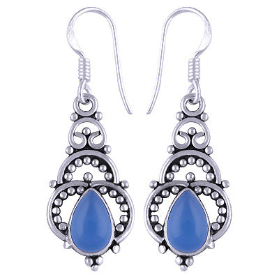 Beautiful Handcrafted Rawa Work Around Blue Chalcedony Pear Shape 925 Sterling Solid Silver Dangle Earrings - R1501114-170