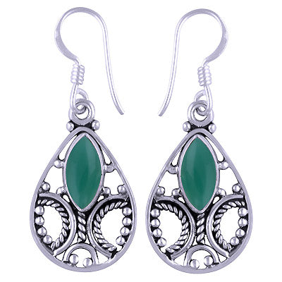 Stunning Handcrafted Rawa Work Around Green Onyx Marquise Shape 925 Sterling Solid Silver Dangle Earrings - R1501115-107