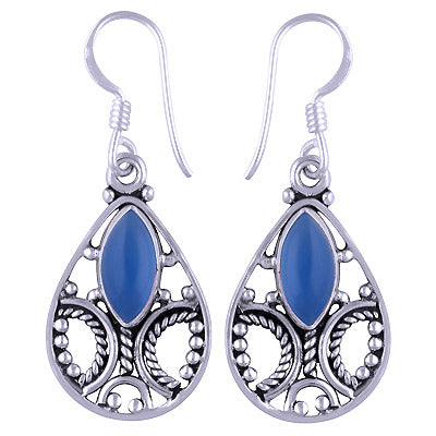 Stunning Handcrafted Rawa Work Around Blue Chalcedony Marquise Shape 925 Sterling Solid Silver Dangle Earrings - R1501115-110