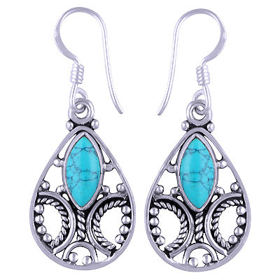 Stunning Handcrafted Rawa Work Around Turquoise Marquise Shape 925 Sterling Solid Silver Dangle Earrings - R1501115-7