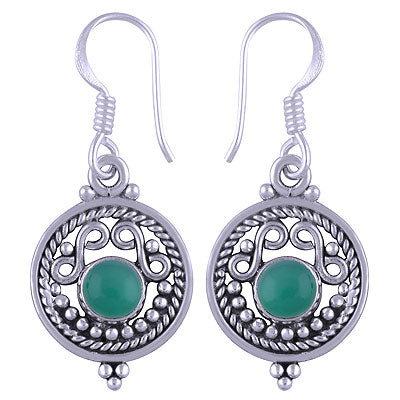 Gorgeous Twisted Wire And Rawa Work Around Green Onyx Round Shape 925 Sterling Solid Silver Dangle Earrings - R1501117-101