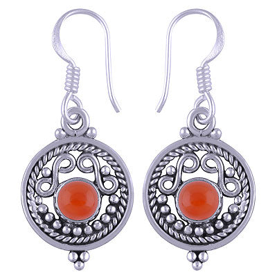 Gorgeous Twisted Wire And Rawa Work Around Carnelian Round Shape 925 Sterling Solid Silver Dangle Earrings - R1501117-103
