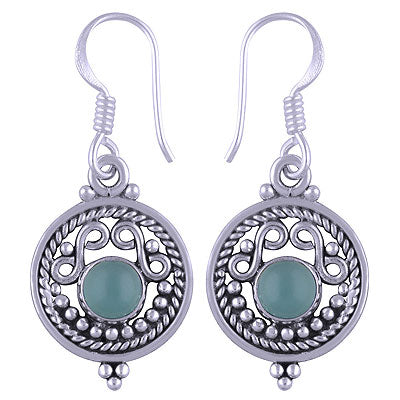Gorgeous Twisted Wire And Rawa Work Around Aqua Chalcedony Round Shape 925 Sterling Solid Silver Dangle Earrings - R1501117-107