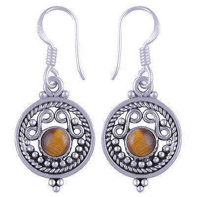 Gorgeous Twisted Wire And Rawa Work Around Tiger's Eye Round Shape 925 Sterling Solid Silver Dangle Earrings - R1501117-19