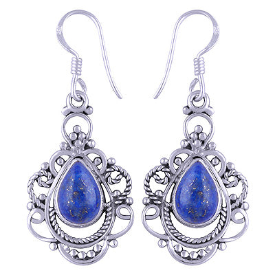 Stunning Handwork Around Lapis Pear Shape 925 Sterling Solid Silver Earrings - R1501118-52