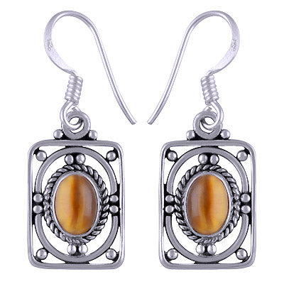 Alluring Rawa & Wire Work Around Tiger's Eye Oval Shape 925 Sterling Solid Silver Dangle Earrings - R1501169-19