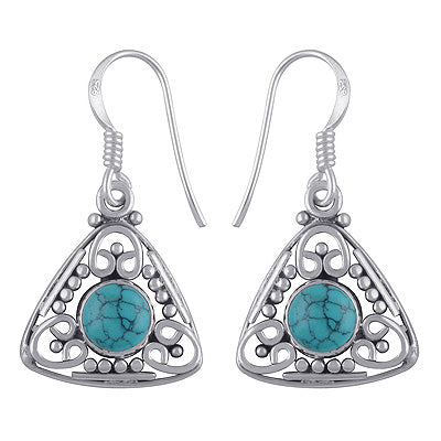 Beautiful Handwork Around Turquoise Round Shape 925 Sterling Solid Silver Earrings - R1501172-8