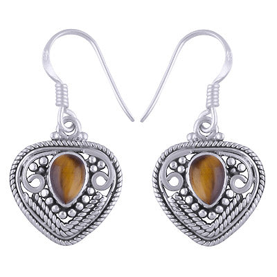 Intricate Handwork Around Tiger's Eye Pear Shape 925 Sterling Solid Silver Dangle Earrings - R1501173-23
