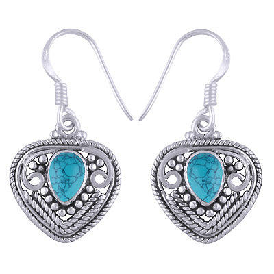 Intricate Handwork Around Turquoise Pear Shape 925 Sterling Solid Silver Dangle Earrings - R1501173-9