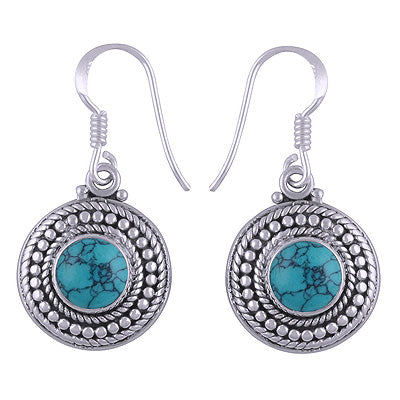 Alluring Handwork Around Turquoise Round Shape 925 Sterling Solid Silver Dangle Earrings - R1501175-9
