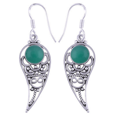 Beautifully Handcrafted Green Onyx Round Shape 925 Sterling Solid Silver Dangle Earrings - R1501264-113