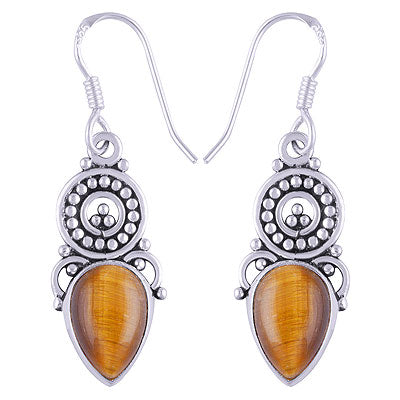Beautiful Wire And Rawa Work Around Tiger's Eye Pear Shape 925 Sterling Solid Silver Dangle Earrings - R1501265-25