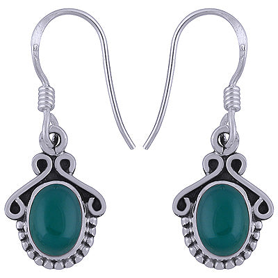 Beautiful Handwork Around Green Onyx Oval Shape 925 Sterling Solid Silver Dangle Earrings - R1501343-24