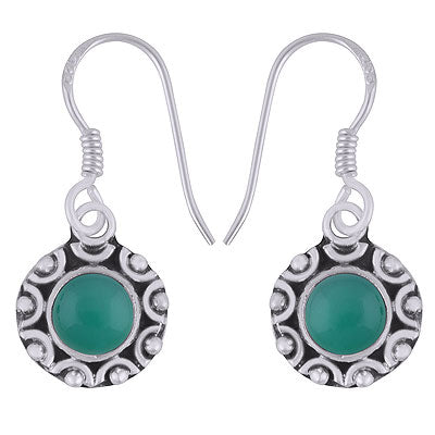 Classic Hand Work Green Onyx Round Shape 925 Sterling Solid Silver Dangle Earrings - R1501384-77