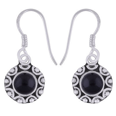 Classic Hand Work Black Onyx Round Shape 925 Sterling Solid Silver Dangle Earrings - R1501384-84