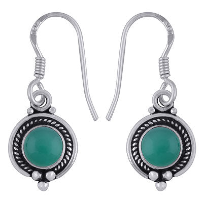 Elegant Wire Work Green Onyx Round Shape 925 Sterling Solid Silver Dangle Earrings - R1501386-17