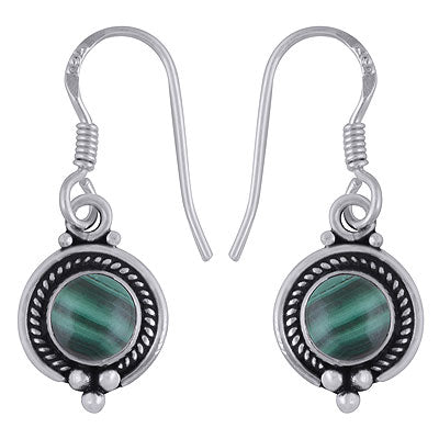 Elegant Wire Work Malachite Round Shape 925 Sterling Solid Silver Dangle Earrings - R1501386-23