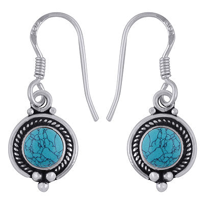 Elegant Wire Work Turquoise Round Shape 925 Sterling Solid Silver Dangle Earrings - R1501386-7