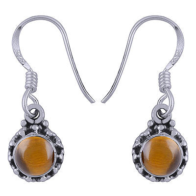 Stunning Rawa Work Tiger's Eye Round Shape 925 Sterling Solid Silver Dangle Earrings - R1501388-19