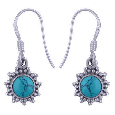 Gorgeous Rawa Work Around Turquoise Round Shape 925 Sterling Solid Silver Dangle Earrings - R1501389-3