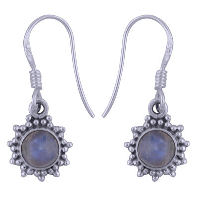 Gorgeous Rawa Work Around Rainbow Moonstone Round Shape 925 Sterling Solid Silver Dangle Earrings - R1501389-7