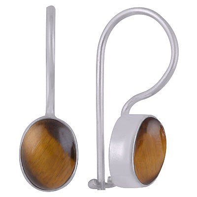Stunning Plain Tiger's Eye Oval Shape 925 Sterling Solid Silver Dangle Earrings - R1501392-121