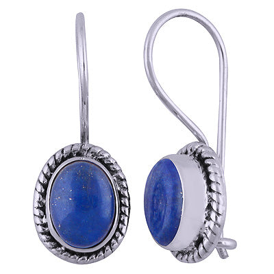 Alluring Textured Wire Around Lapis Oval Shape 925 Sterling Solid Silver Dangle Earrings - R1501394-22